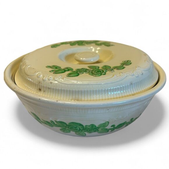 Homer Laughlin Oven Serve 1 Qt Casserole Dish Green Floral Vintage Cottagecore - Picture 1 of 14